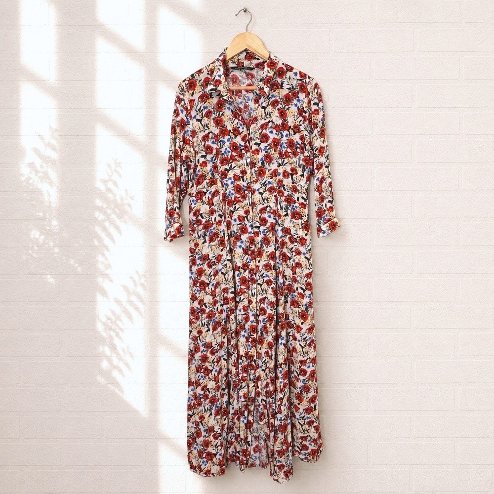 Zara Floral Poppy Print Button Front Maxi Dress Large Cottage Garden Romantic